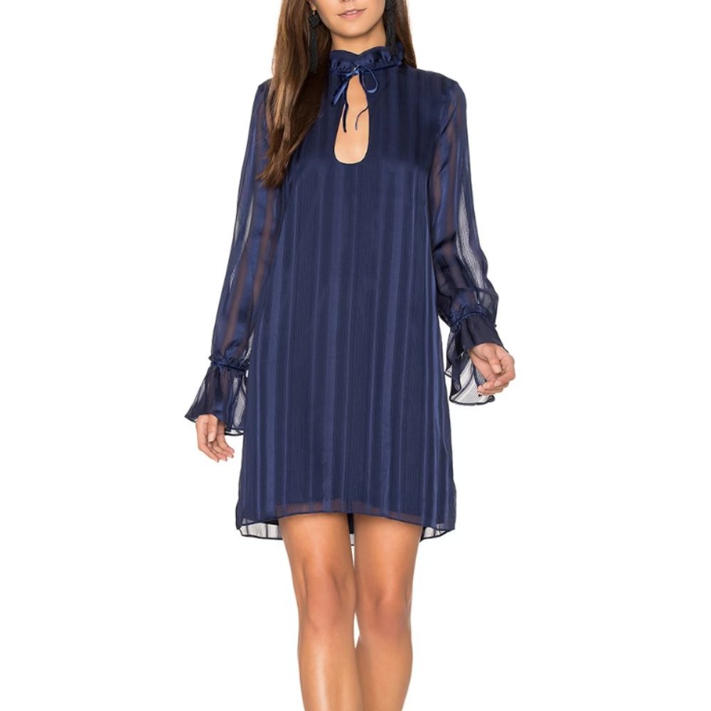 L'Academie The 70s Dress Small Navy Chiffon Striped Ruffle Neck Cuffs Shift